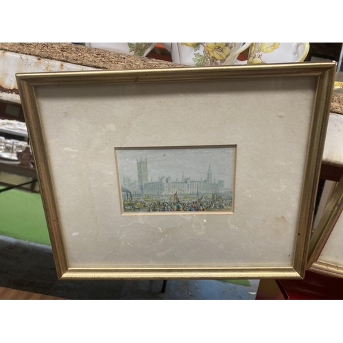 993 - TWO FRAMED PRINTS - OPENING OF NEW HOUSES OF PARLIAMENT CIRCA 1840, FIRST COLOUR PRINT AND NEW HOUSE... 