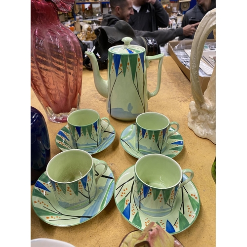 549 - AN ART DECO STYLE LAWLEYS COFFEE POT WITH FOUR CUPS AND SAUCERS, A CRANBERRY STYLE VASE, A COTTAGE C... 