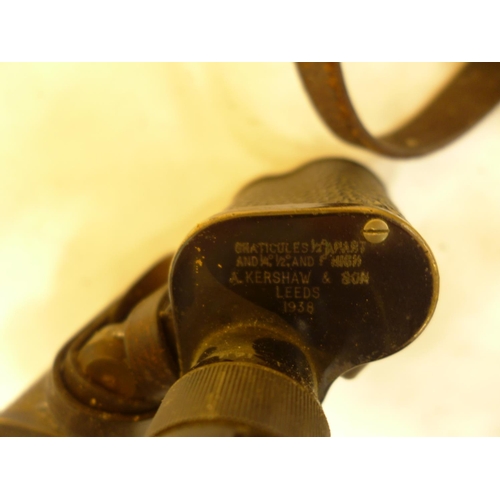 465 - A PAIR OF PRE WORLD WAR II MILITARY BINO PRISM BINOCULARS BY KERSHAW DATED 1938 TOGETHER WITH LEATHE... 