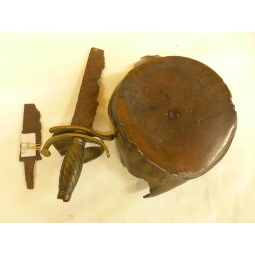 482 - A WORLD WAR I BURST SHELL CASE DATED 1918, DIAMETER OF BASE APPROX 18CM, 18TH CENTURY SWORD HILT AND... 