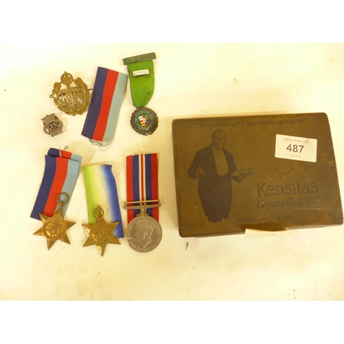 487 - WORLD WAR II MEDALS, 1939-45 STAR, ATLANTIC STAR, 1939-45 MEDAL, MERCHANT NAVY BADGE AND RAF BADGE E... 