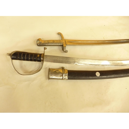 499 - A CHROME PLATED FRENCH 1842/59 SABRE BAYONET, AND AN INDIAN SWORD AND SCABBARD, SCABBARD A/F