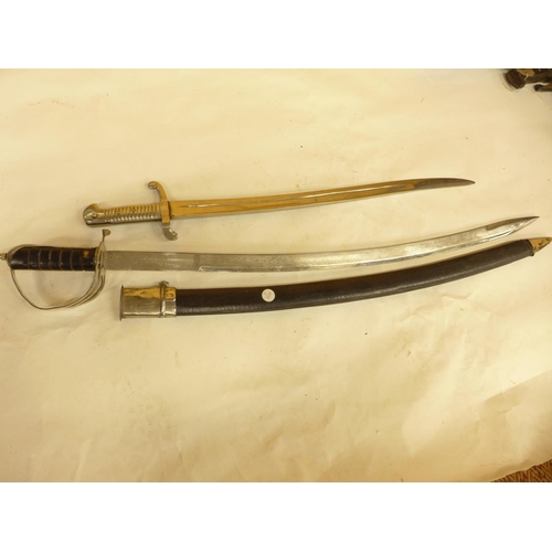 499 - A CHROME PLATED FRENCH 1842/59 SABRE BAYONET, AND AN INDIAN SWORD AND SCABBARD, SCABBARD A/F