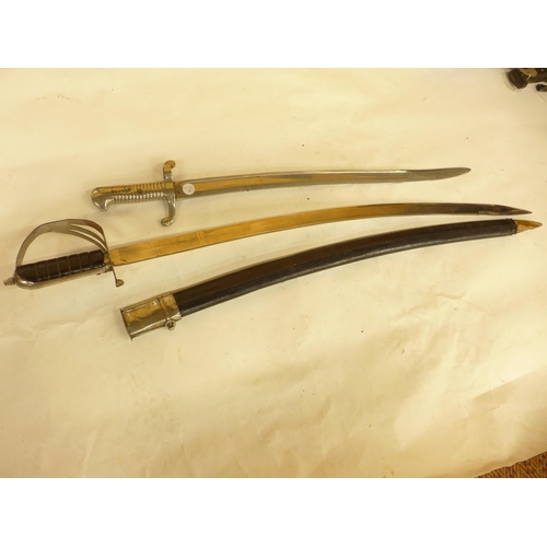 499 - A CHROME PLATED FRENCH 1842/59 SABRE BAYONET, AND AN INDIAN SWORD AND SCABBARD, SCABBARD A/F