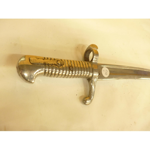 499 - A CHROME PLATED FRENCH 1842/59 SABRE BAYONET, AND AN INDIAN SWORD AND SCABBARD, SCABBARD A/F