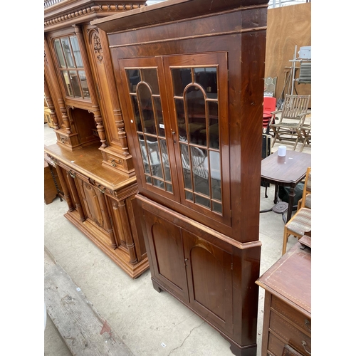 2490 - A MAHOGANY FULL LENGTH CORNER CUPBOARD WITH GLAZED UPPER PORTION AND CUPBOARDS TO THE BASE, 41