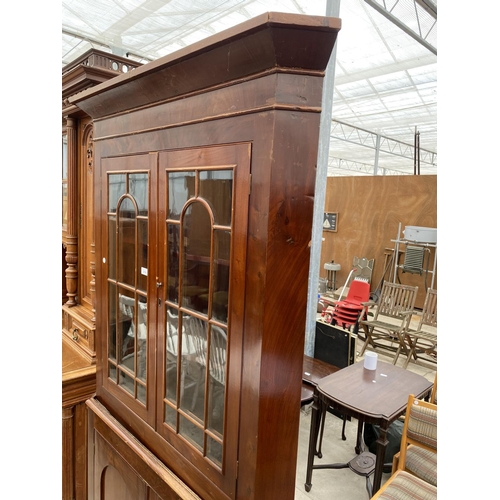 2490 - A MAHOGANY FULL LENGTH CORNER CUPBOARD WITH GLAZED UPPER PORTION AND CUPBOARDS TO THE BASE, 41