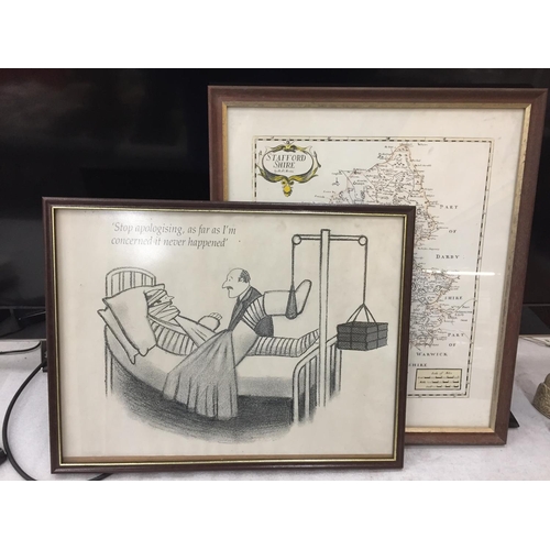 530 - TWO FRAMED PRINTS TO INCLUDE A MAP OF STAFFORDSHIRE AND A CARTOON