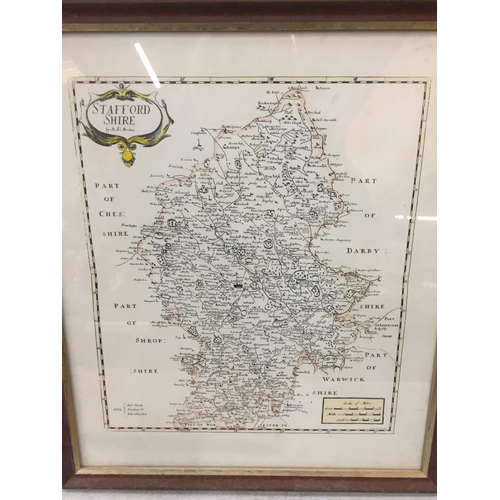 530 - TWO FRAMED PRINTS TO INCLUDE A MAP OF STAFFORDSHIRE AND A CARTOON