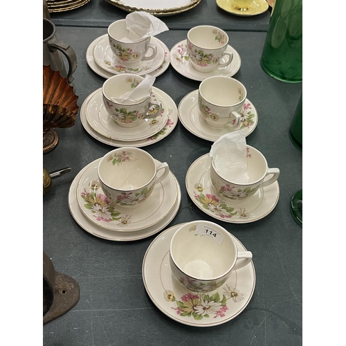 114 - A QUANTITY KIRKLANDS EMBASSY WARE TO INCLUDE FLORAL PATTERN CUPS, SAUCERS AND SIDE PLATES