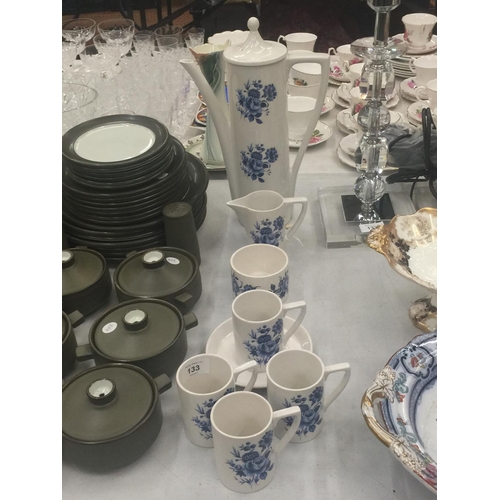 133 - A PORTMEIRION PART COFFEE SET IN WHITE WITH A BLUE FLORAL PATTERN TO INCLUDE A COFFEE POT, CREAM JUG... 