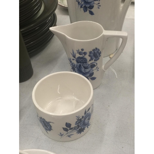 133 - A PORTMEIRION PART COFFEE SET IN WHITE WITH A BLUE FLORAL PATTERN TO INCLUDE A COFFEE POT, CREAM JUG... 