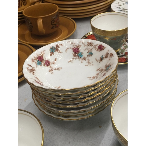 184 - A QUANTITY OF AYNSLEY CUPS PLUS A ROYAL CROWN DERBY 'PEONY' PLATE, ROYAL ALBERT 'BRIGADOON' PLATES, ... 