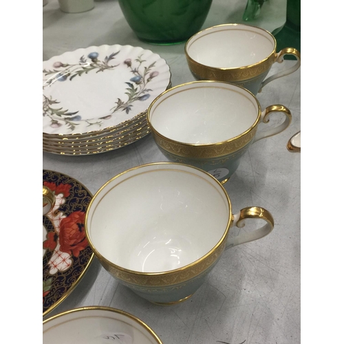 184 - A QUANTITY OF AYNSLEY CUPS PLUS A ROYAL CROWN DERBY 'PEONY' PLATE, ROYAL ALBERT 'BRIGADOON' PLATES, ... 