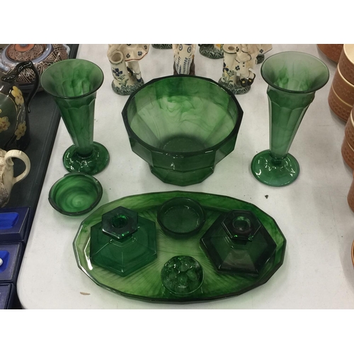 198 - A COLLECTION OF EMERALD GREEN CLOUD GLASS TO INCLUDE A FOOTED BOWL, DRESSING TABLE SET, VASES, ETC