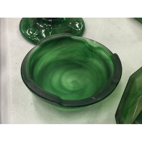 198 - A COLLECTION OF EMERALD GREEN CLOUD GLASS TO INCLUDE A FOOTED BOWL, DRESSING TABLE SET, VASES, ETC