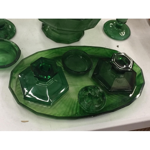 198 - A COLLECTION OF EMERALD GREEN CLOUD GLASS TO INCLUDE A FOOTED BOWL, DRESSING TABLE SET, VASES, ETC