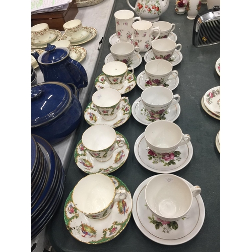 206 - A QUANTITY OF CHINA CUPS AND SAUCERS TO INCLUDE CROWN STAFFORDSHIRE 'DENBIGH', ROYAL VICTORIA, ETC