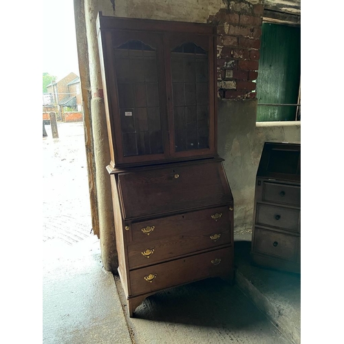 342 - FALL FRONT BUREAU WITH GLAZED DISPLAY WITH BRASS DROP HANDLES -  80