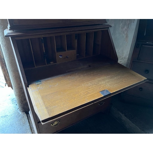 342 - FALL FRONT BUREAU WITH GLAZED DISPLAY WITH BRASS DROP HANDLES -  80