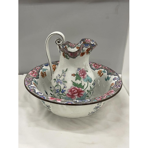 11 - A VINTAGE COPELAND SPODE PITCHER AND WASH BOWL SET, SLOP PAIL AND SOAP DISH WITH A PINK AND BLUE FLO... 