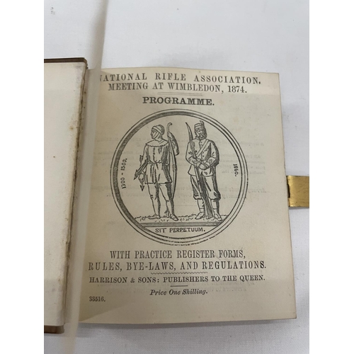 20 - AN 1874 PROGRAMME FOR THE NATIONAL RIFLE ASSOCIATION MEETING AT WIMBLEDON WITH PRACTICE REGISTER FOR... 