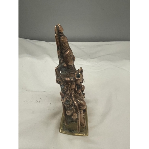 29 - A HEAVY BRASS AND COPPER MODEL OF THE GOD DURGA HEIGHT 13 CM