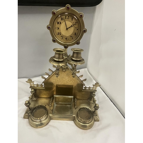 32 - A BRASS MILITARY DESK AND CLOCK SET