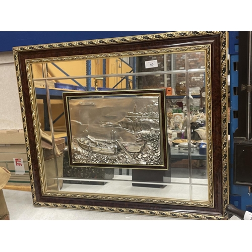 40 - A LARGE GILT FRAMED MIRROR WITH A MARKED 925 SILVER PANEL