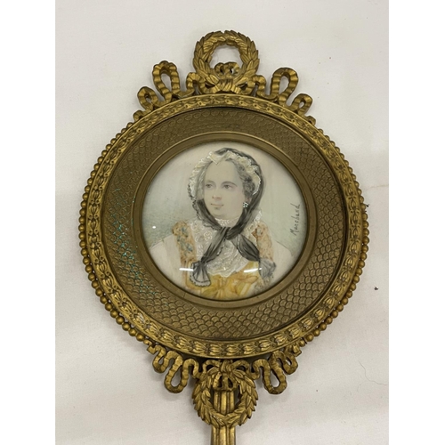 5 - A VICTORIAN HAND HELD MIRROR WITH A PAINTED PORTRAIT OF  A LADY SIGNED MARCHAND