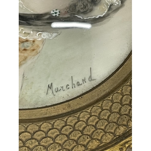 5 - A VICTORIAN HAND HELD MIRROR WITH A PAINTED PORTRAIT OF  A LADY SIGNED MARCHAND