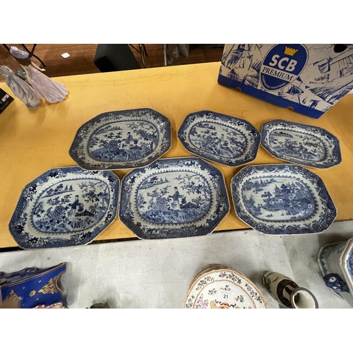 60 - BELIEVED TO BE LATE 18TH/EARLY 19TH CENTURY CHINESE QING DYNASTY/NANKIN SIX BLUE AND WHITE VARIOUS S... 