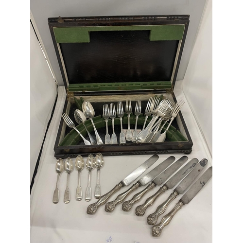 8 - A CANTEEN OF CUTLERY CONTAINING VARIOUS SILVER ITEMS TO INCLUDE GEORGIAN SPOONS, HALLMARKED SHEFFILE... 