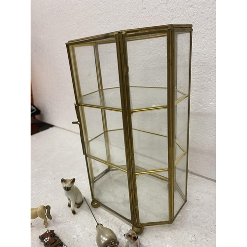 100 - A BRASS AND GLASS SMALL DISPLAY CABINET WITH CONTENTS TO INCLUDE MINIATURE ANIMALS, A BRACELET, BROO... 