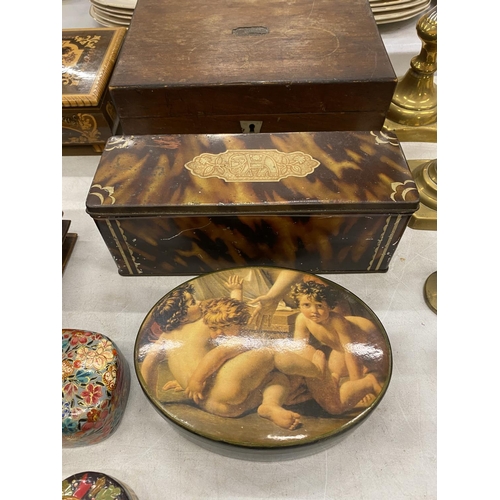 102 - A LARGE COLLECTION OF VINTAGE BOXES TO INCLUDE AN ORIENTAL STYLE ONE WITH DRAWERS, MARQUETRY JEWELLE... 