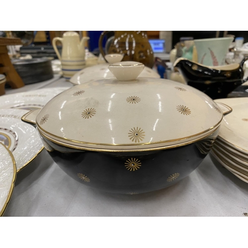 105 - A QUANTITY OF ALFRED MEAKIN 'MIDNIGHT STAR' DINNERWARE TO INCLUDE TWO TUREENS, SERVING PLATE, DINNER... 