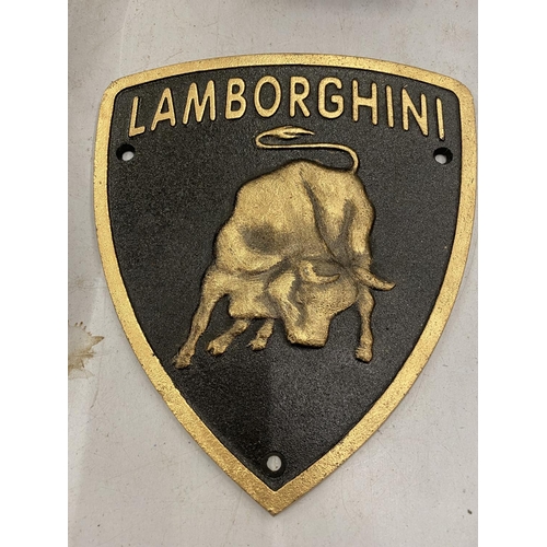 109 - A CAST SHIELD SHAPED LAMBORGHINI SIGN 19CM X 22CM