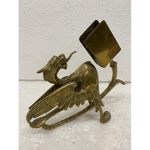 97 - A BRASS DRAGON MATCHBOX STAND HEIGHT 14CM