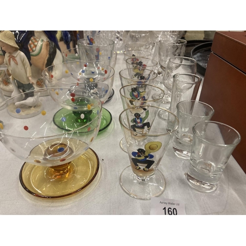 160 - A QUANTITY OF GLASSES TO INCLUDE TWO DECANTERS, DESSERT BOWLS, CHAMPAGNE FLUTES, SHERRY GLASSES, 'BA... 