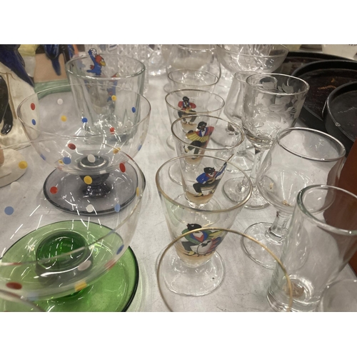 160 - A QUANTITY OF GLASSES TO INCLUDE TWO DECANTERS, DESSERT BOWLS, CHAMPAGNE FLUTES, SHERRY GLASSES, 'BA... 