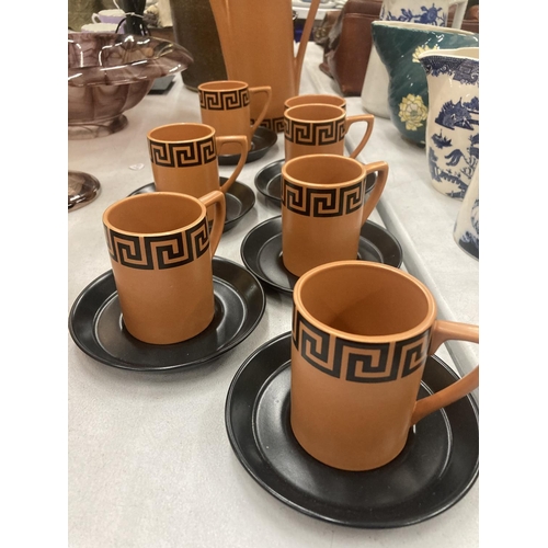 169 - A PORTMEIRION CARAMEL COLOURED GREEK KEY DESIGN COFFEE SET TO INCLUDE A COFFEE POT, SUGAR BOWL AND S... 