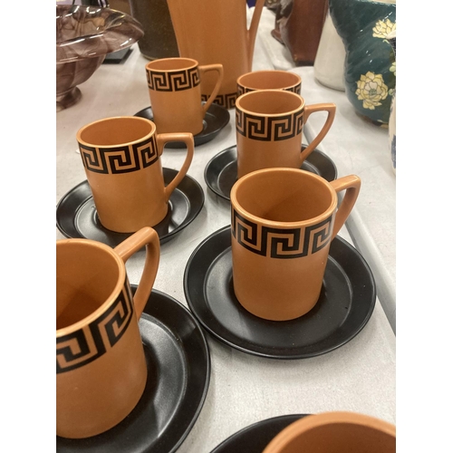 169 - A PORTMEIRION CARAMEL COLOURED GREEK KEY DESIGN COFFEE SET TO INCLUDE A COFFEE POT, SUGAR BOWL AND S... 