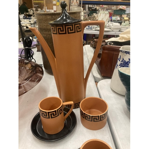 169 - A PORTMEIRION CARAMEL COLOURED GREEK KEY DESIGN COFFEE SET TO INCLUDE A COFFEE POT, SUGAR BOWL AND S... 