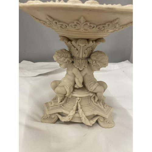 177 - A VINTAGE STYLE TAZA DISH WITH CHERUBS ON THE PEDESTAL BASE AND CLASSICAL DECORATION