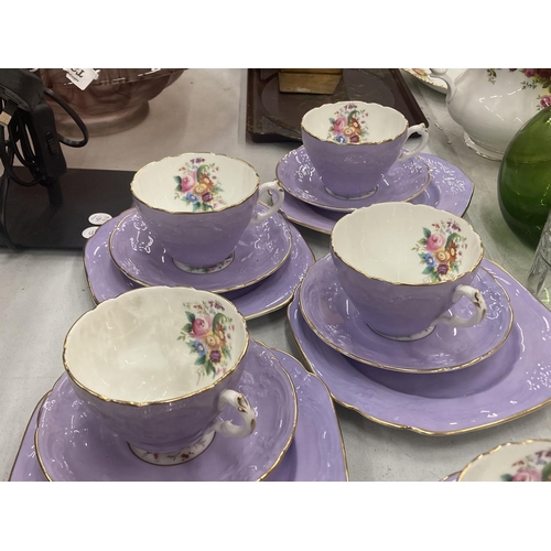 195 - SIX COALPORT PURPLE AND FLORAL TRIOS - ONE CUP A/F