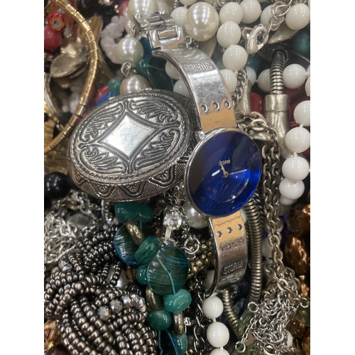 202 - A LARGE QUANTITY OF COSTUME JEWELLERY TO INCLUDE WATCHES, BANGLES, BEADS, NECKLACES, BRACELETS, ETC