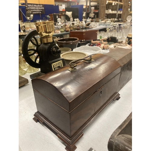 208 - A VINTAGE BURR WALNUT DOME LIDDED BOX WITH BRASS HANDLE AND ESCUTCHEON, INLAY ON THE INSIDE OF THE L... 