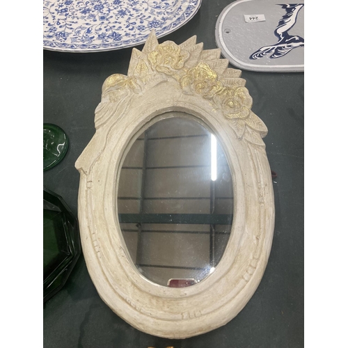 224 - THREE VINTAGE STYLE MIRRORS, TWO SMALL WITH GILT FRAMES DIAMETER 19CM AND AN OVAL WOODEN FRAMED CREA... 