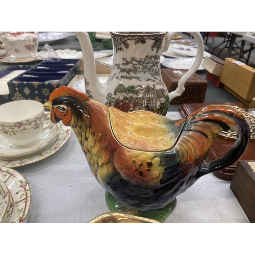 231 - FOUR COLLECTABLE TEAPOTS TO INCLUDE ARTHUR WOOD FLORAL AND GILT PATTERNED, A ROOSTER, MYOTT'S 'COUNT... 