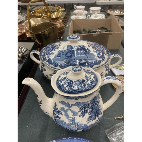 246 - AN OVAL PALISSY BLUE AND WHITE TUREEN AND COFFEE POT, ROYAL NORFOLK WILLOW PATTERNED PLATES, HEXAGON... 